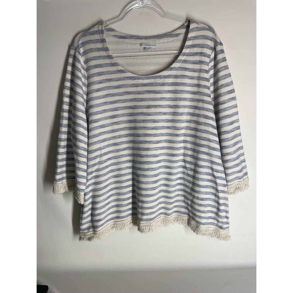 J.Jill Beige Blue Striped Fringe Trim Nautical Beachy 3/4 sleeve Sweater XL